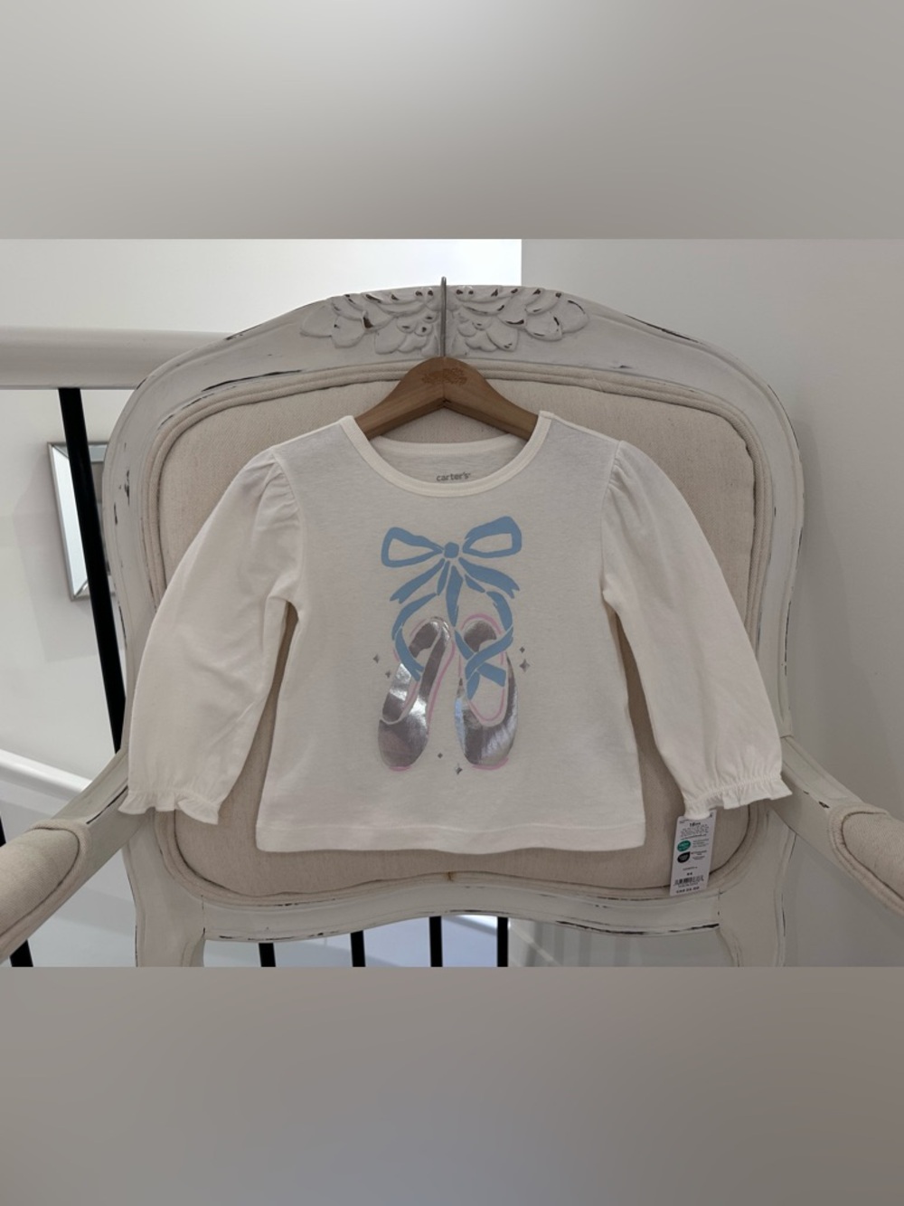 🤍 18 Mth Cute Puff Sleeve 100% Cotton Ballet Bow Baby Top NWT